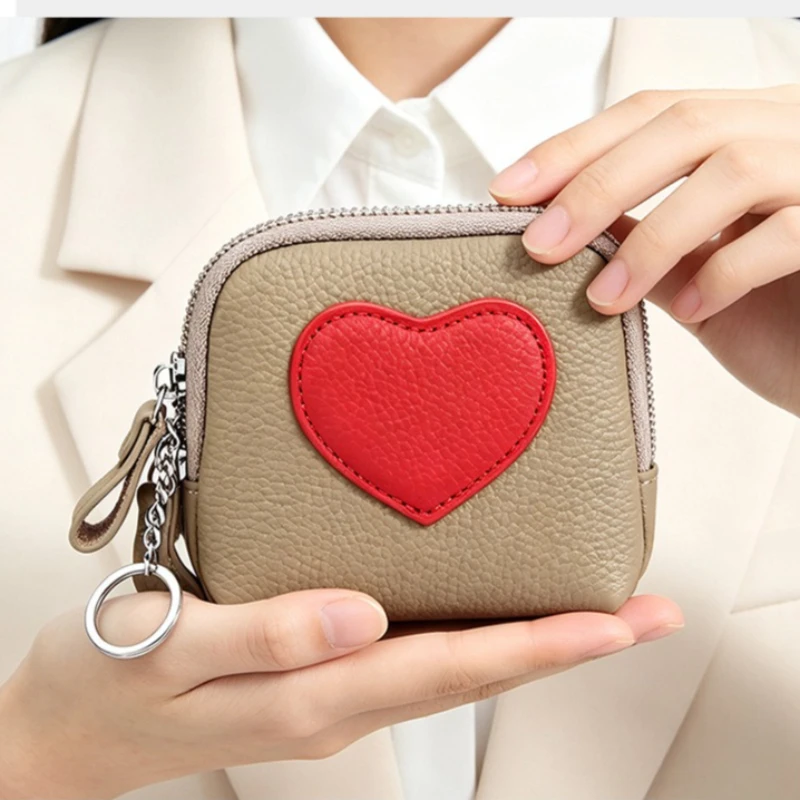 Mini Genuine Leather Coin Wallet for Women Heart Patch Color Matching Zipper Purse Cards Change Storage Pouch Mini Coin Purse