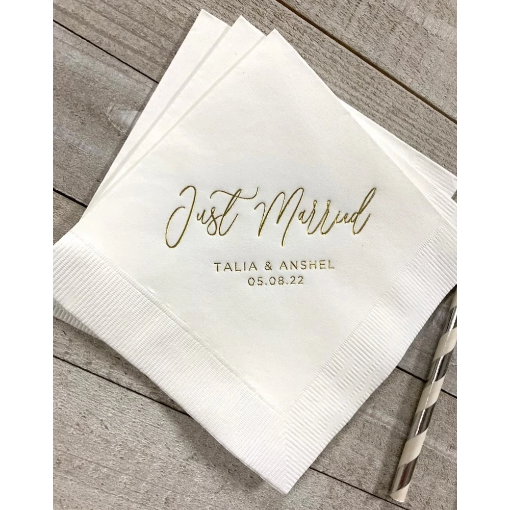 

50Pcs Personalized Wedding Cocktail Napkins Custom Monogram Just Married Party Beverage Luncheon Dinner Guest Towels Receptions