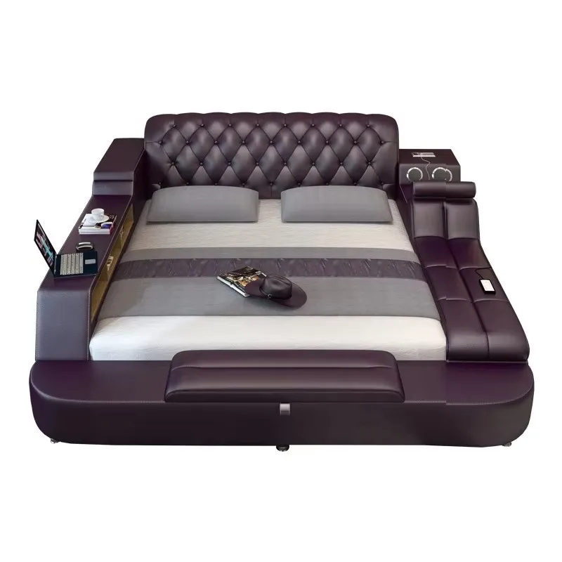 Luxury Bedroom Furniture Leather Customizable Size and Color Multifunctional Bed with Storage, Massage