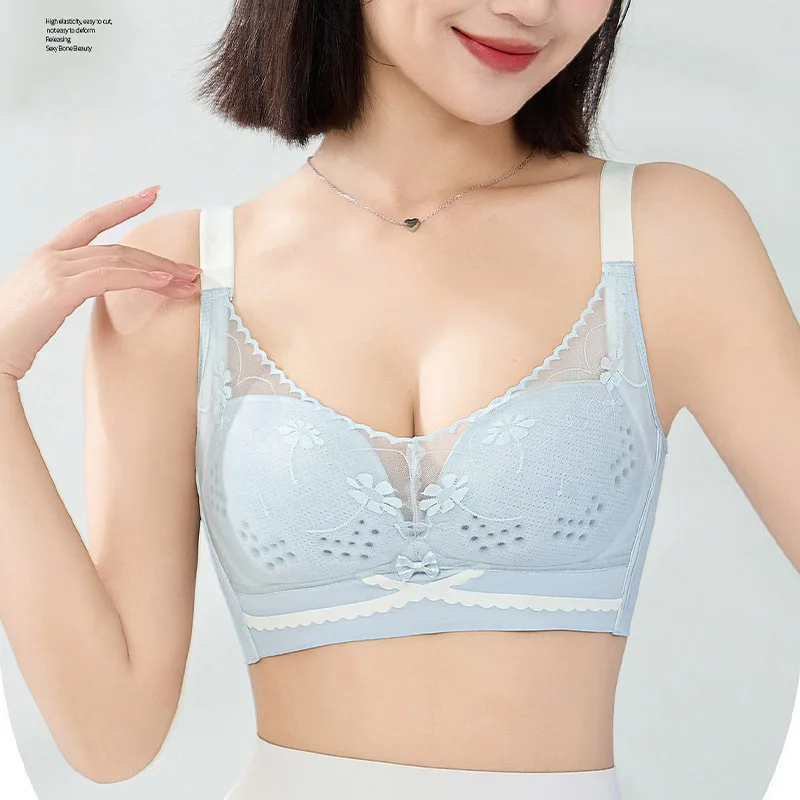 Summer Breathable Hole Cup Without Steel Ring Upper Support Underwear Thin Lace Bra Gathered Anti Sagging Bra