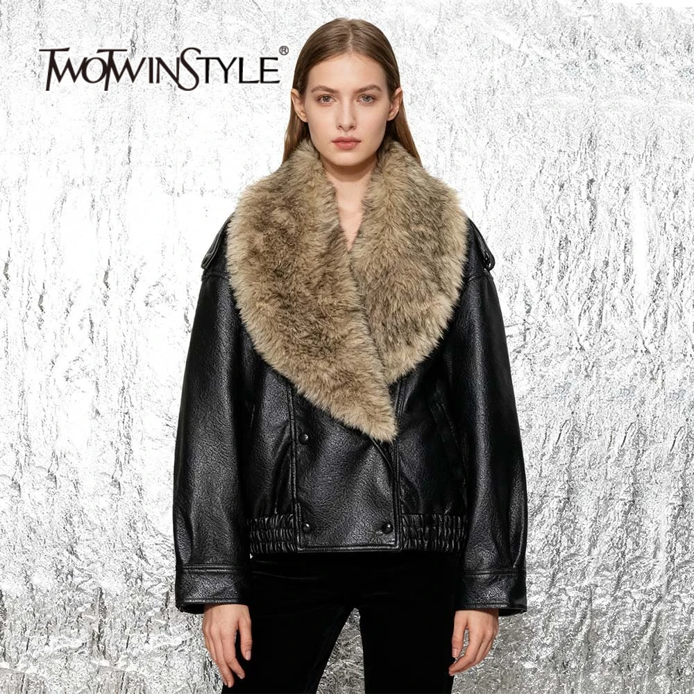 

TWOTWINSTYLE Loose Spliced Double Breasted Casual Leather Jackets for Women Fur Collar Long Sleeves Fashion Jacket Female New