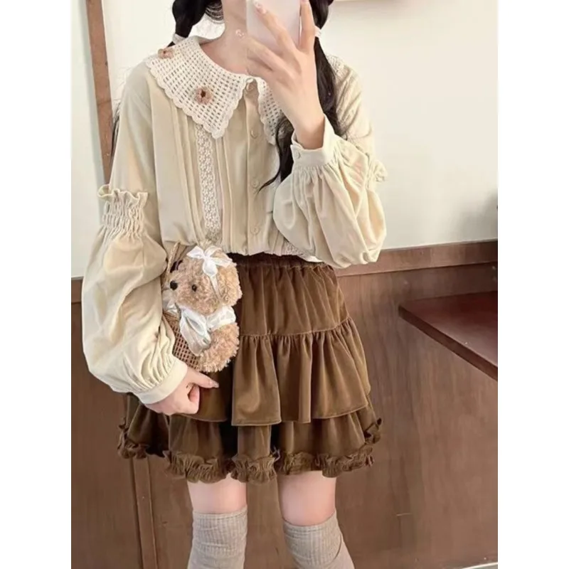 Autumn Winter Cake Skirt Brown Ruffle Y2k Fashion Casual Corduroy Mini Short Skirt Women Vintage Lolita Cute Retro Skirts