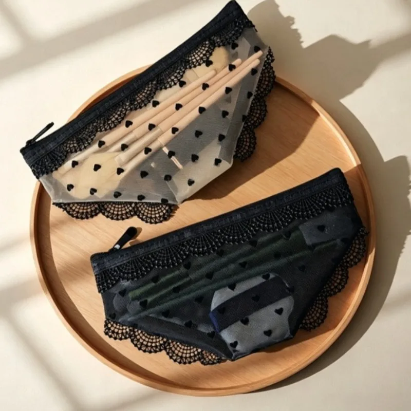 Kosmetiktasche in Slip-Form aus Netzstoff mit Spitzenbesatz, Transparente Mini-Reißverschlusstasche für Make-up, Lippenstift, Kopfhörer, Schmuckaufbewahrung, Reise-Etui – Detail 3