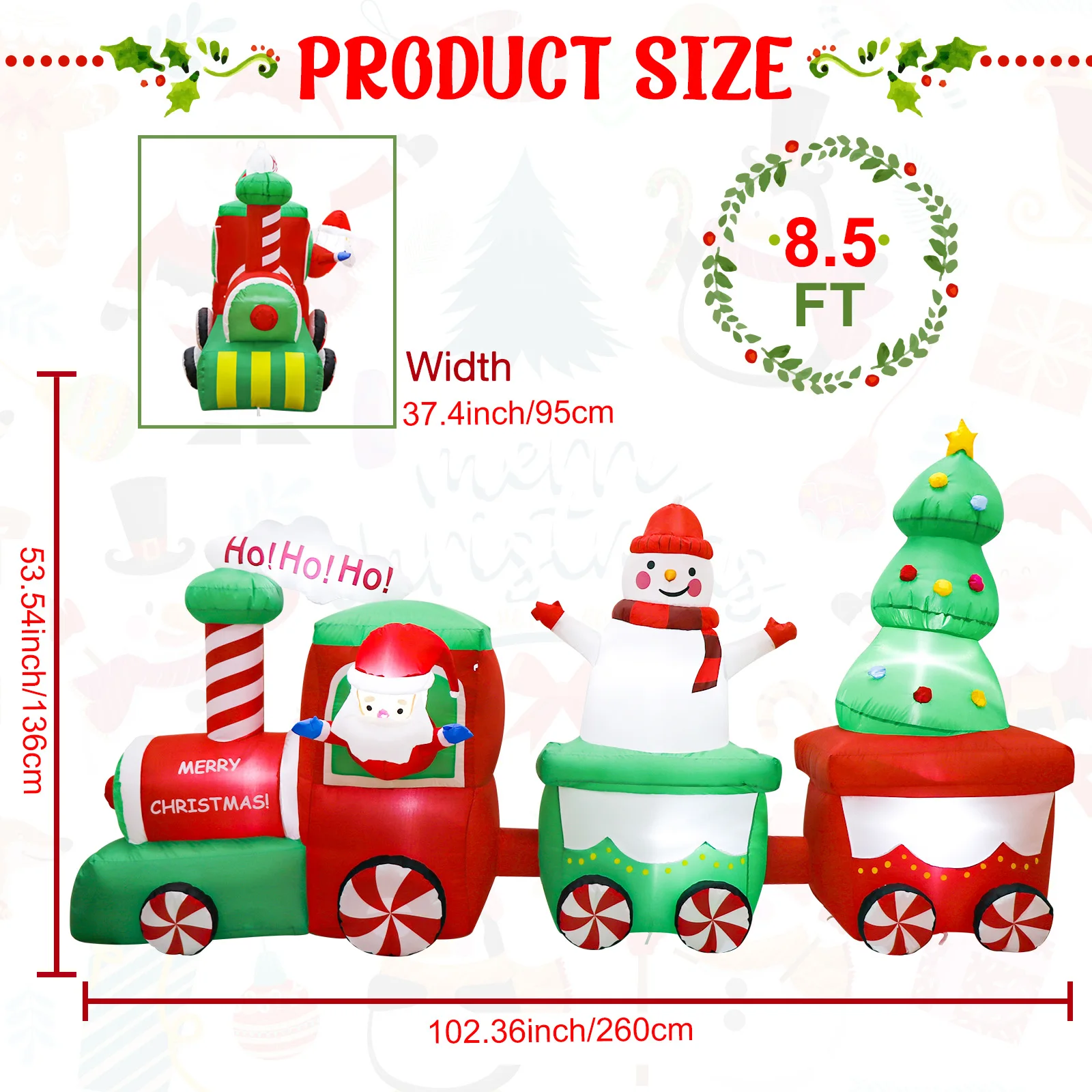 Long Christmas Inflatables Decoration 8.5FT  Santa Snowman Driving Train with Led Light for Outside Yard Holiday Party Decor