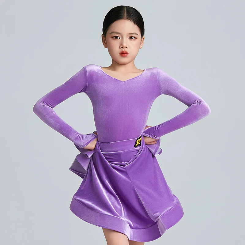 Dress Kids Cha Cha Dance Dress Practice Clothes Girls Latin Dance Professional Compeititon Dress Long Sleeces Velvet