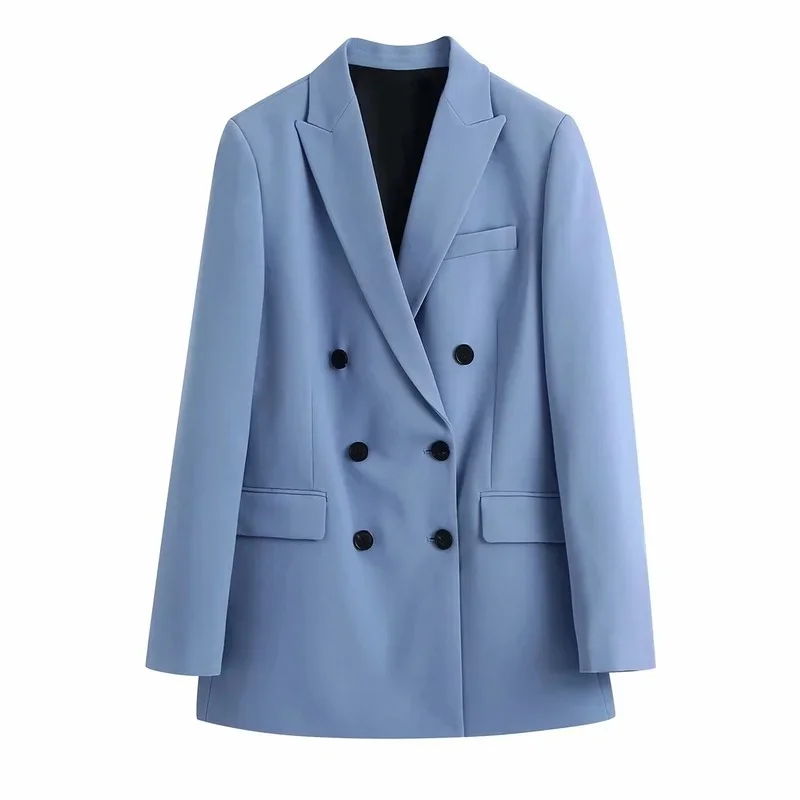 2024 Spring New Two-piece Set Suit Blue Double Breasted Blazer + Casual Straight Trousers Elegant Fashion Chic Women's Clothes