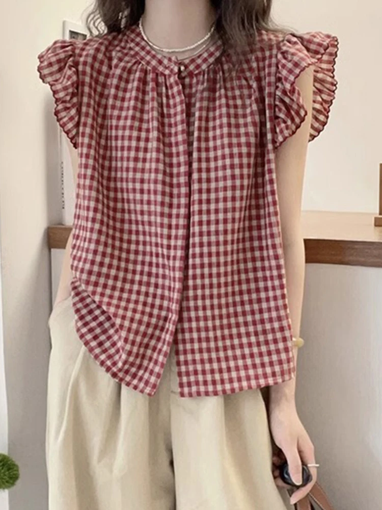 

Sweet Youthful Plaid irt Summer Thin Sle Slimming Casual Simple Women's Blouse Poofy Sve Chiffon Top Korean Version St...