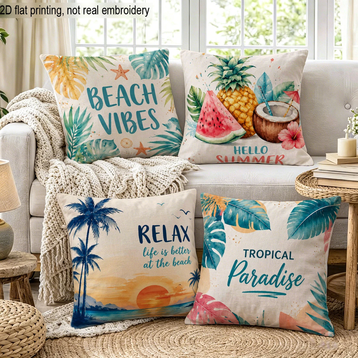 4pc Tropical Summer Beach Vibes Throw Pillow Covers Watercolor Tropical Paradise Decorative Cushion Cases for Home Sofa Patio