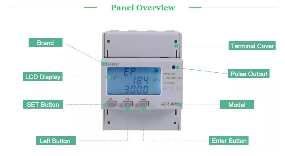 ADL400 Three-Phase DIN Rail Energy Meter KWH Power Meter With 80A Direct Connect And LCD Display For Energy Management