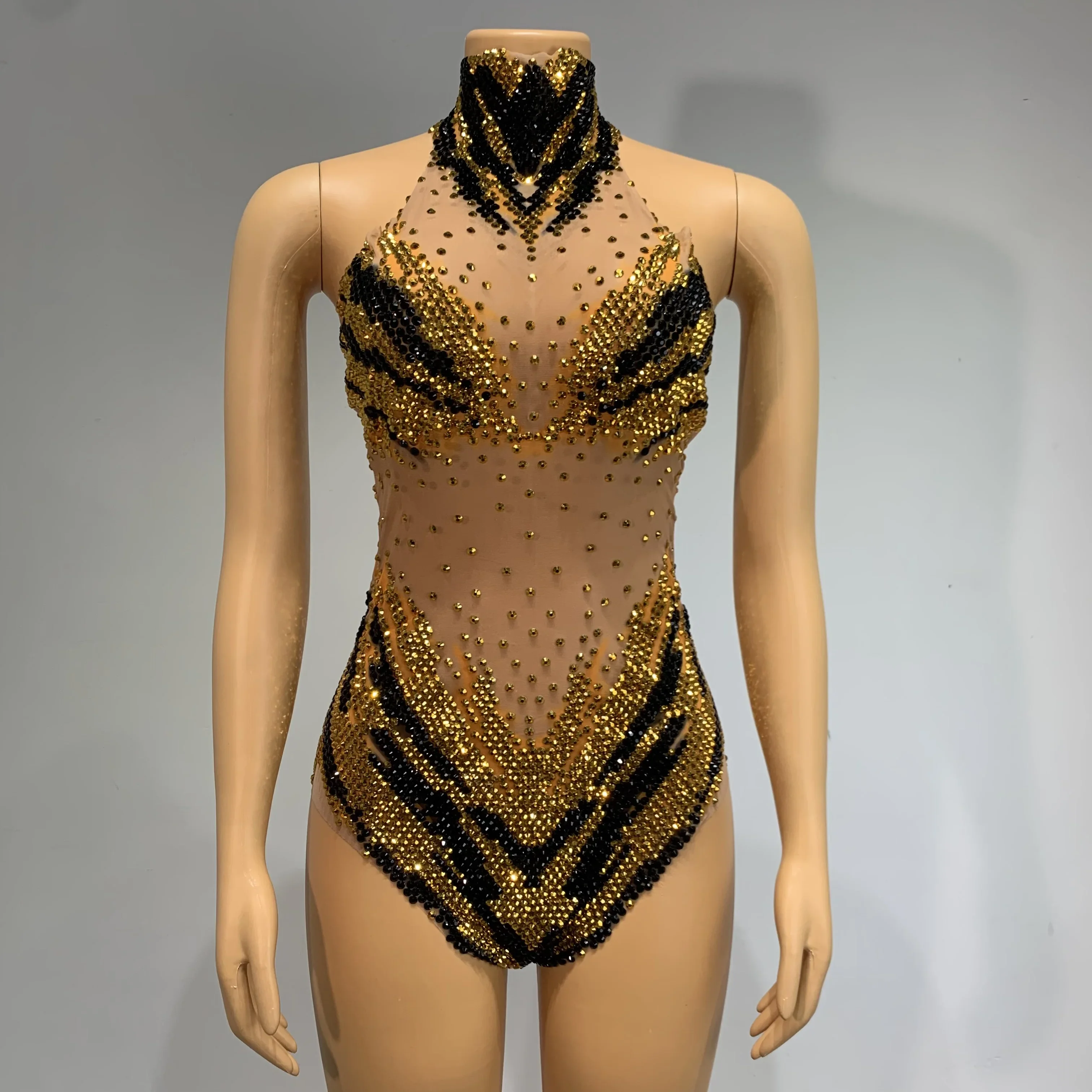 New Stretch Skinny Gold Rhinestone Bodysuit Women Prom Party Club Costumes Pole Dance Stage Outfit Sexy Womens Playsuit Huniu