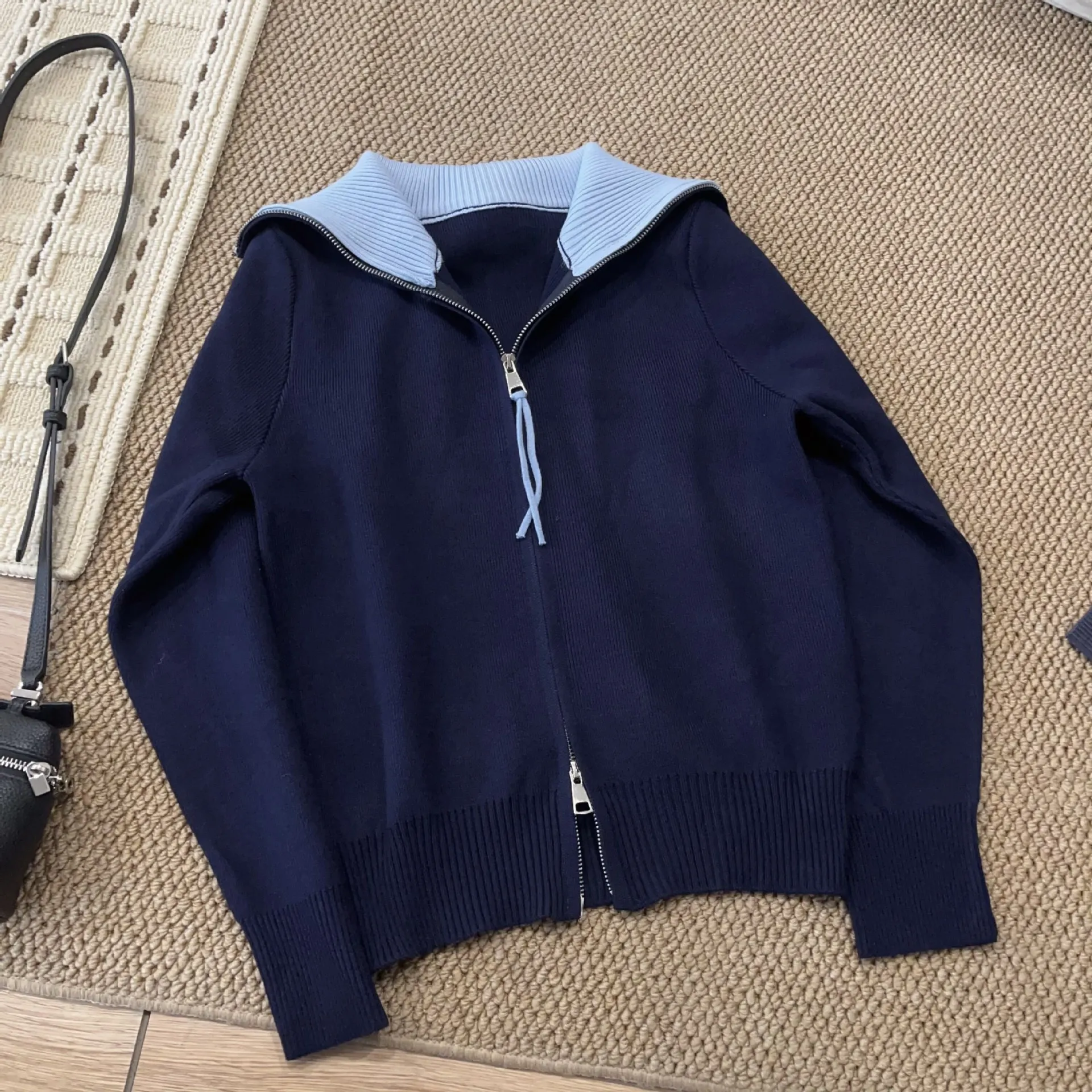 

Винтажный вязаный кардиган с отложным воротником и цветовыми блоками для женщин, простой повседневный свитер-пальто с двойной молнией и длинными рукавами, свободный крой