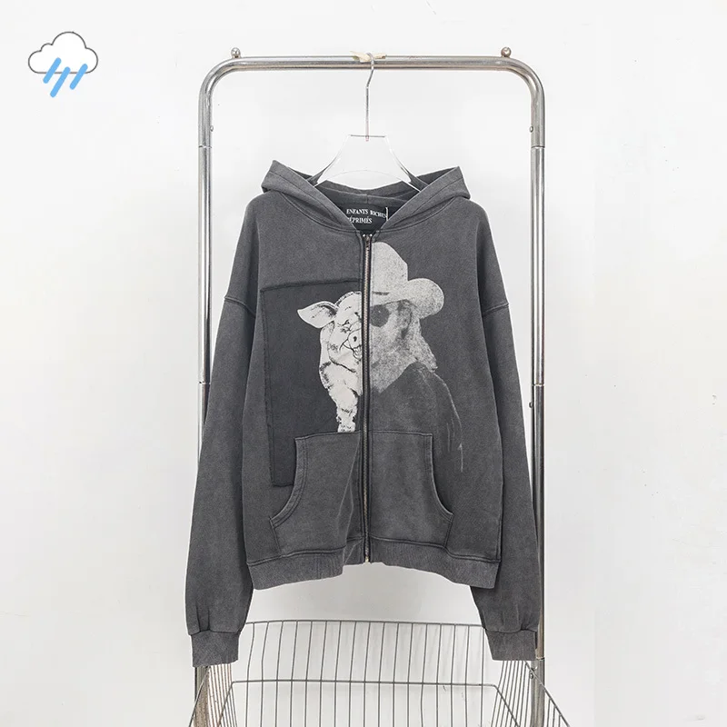 Autumn Winter 100% Cotton Vintage Washed Black Enfants Riches Deprimes Zipper Hoodie Pig Woman Pattern Stitching ERD Coats