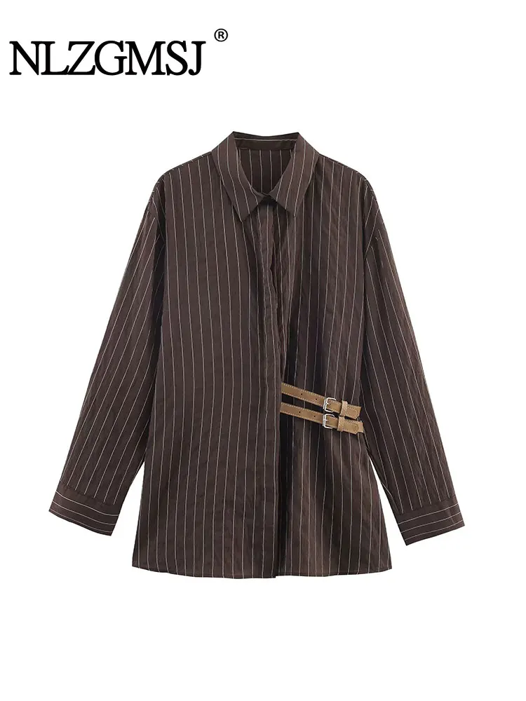 

Nlzgmsj 2025 Women Simple Shirt Fall Fashion Brown Stripe Long Sleeves Belt Decoration Women Leisure Shirt