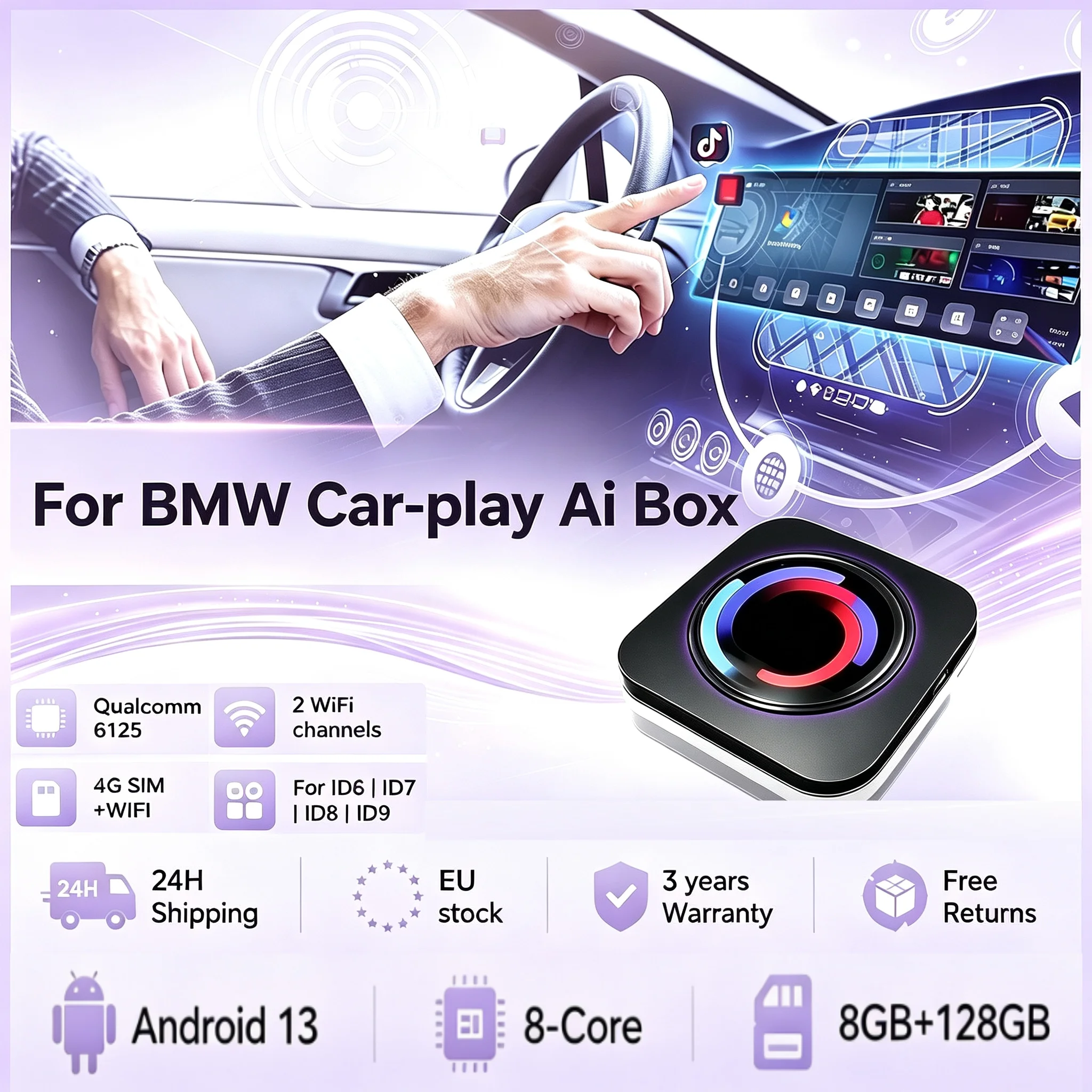 Neuer Qualcomm 6125 8-Kern 8+128G Android 13 System Mini CarPlay AI Box für BMW CarPlay AI Box für BMW Wireless CarPlay unterstützt TF-Karten 2 WiFi-Kanäle für BMW ID6 ID7 ID8 ID9 Eingebautes GPS WIFI