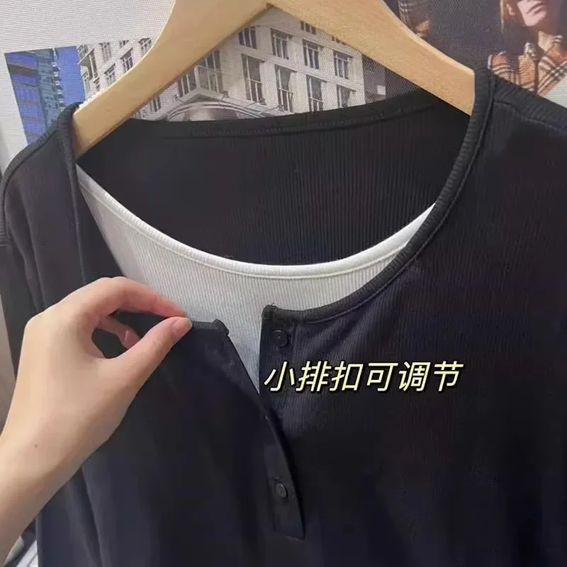 New Women Mock Two-piece T-shirts O-neck Single Breasted Long Sleeve Tops Women Spring Autumn Fashion Loose Casual Contrast Tees