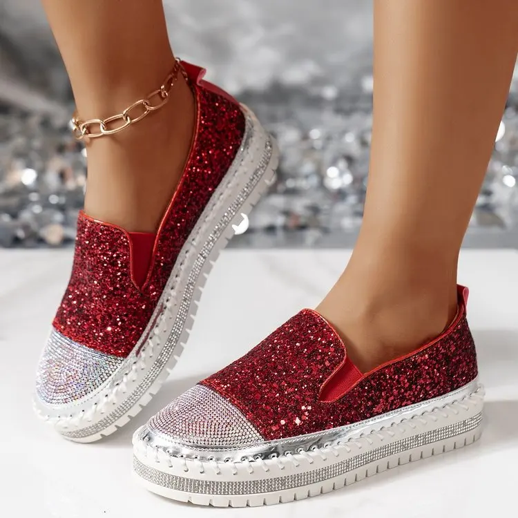 Women's casual shoes large size spring style loafers women's round toe thick bottom flat rhinestone fashionable women's shoes