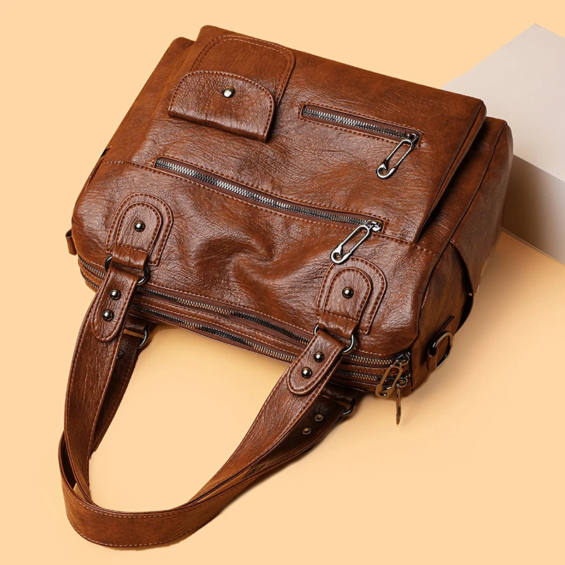 Modische Damen-Umhängetasche aus weichem Leder, große Kapazität, mehrere Außentaschen, abnehmbarer Riemen, Crossbody-Handtasche für den Alltag – Detail 4