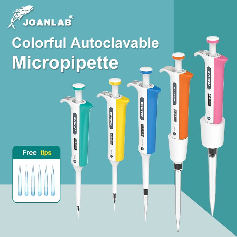 JOANLAB Micropipeta de laboratorio autoclavable y ajustable, herramienta para manipulación de líquidos con puntas de repuesto gratuitas