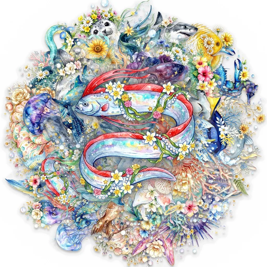 50Pcs New Watercolor Marine Life Floral PET Stickers Jellyfish Fish Clear Waterproof Decals For DIY Decor Giajar Sticker Store