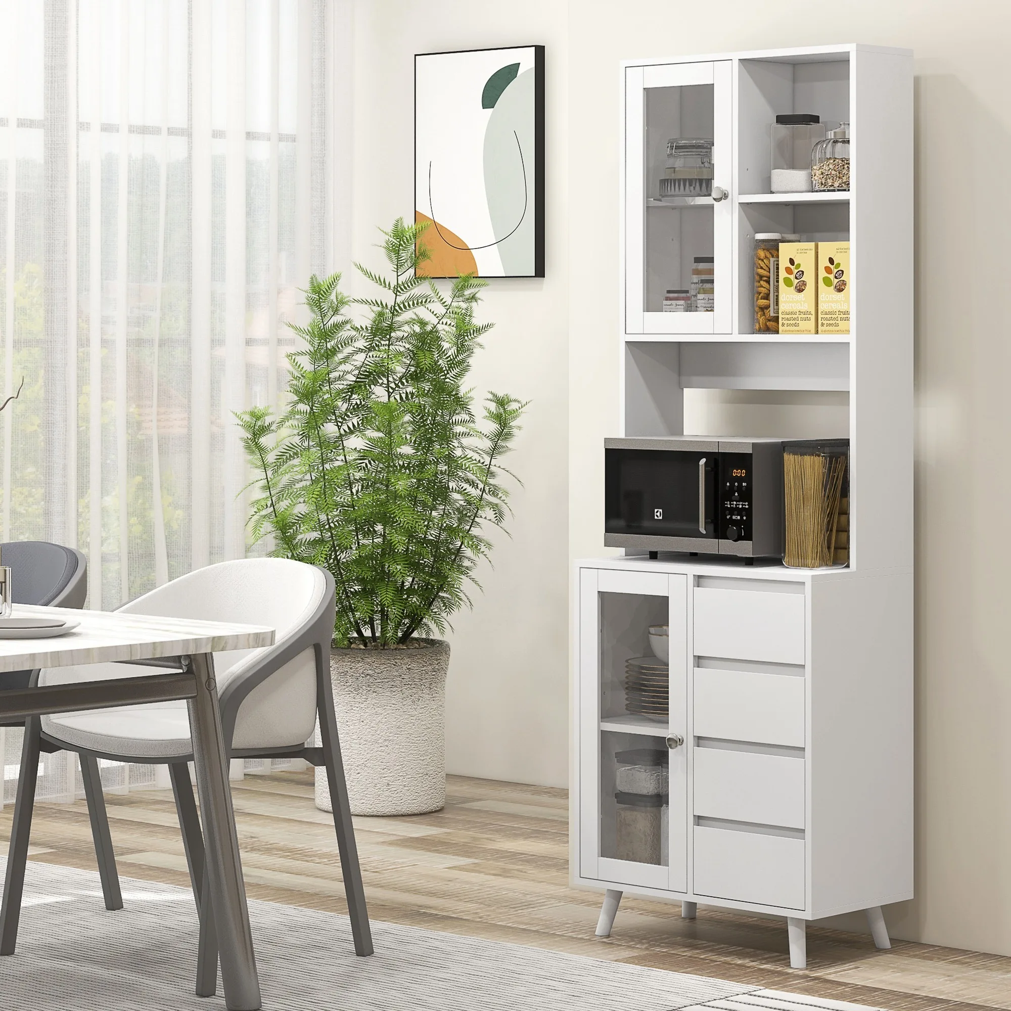 HOMCOM Alacena de Cocina con 2 Puertas de Vidrio 4 Cajones 60x35x180 cm Blanco