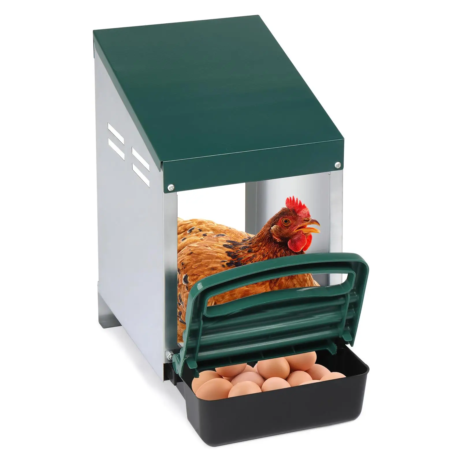 

Green Chicken Nesting Box with Plastic Basket - Single Roll Out Egg Laying Box for Hens in Coop
