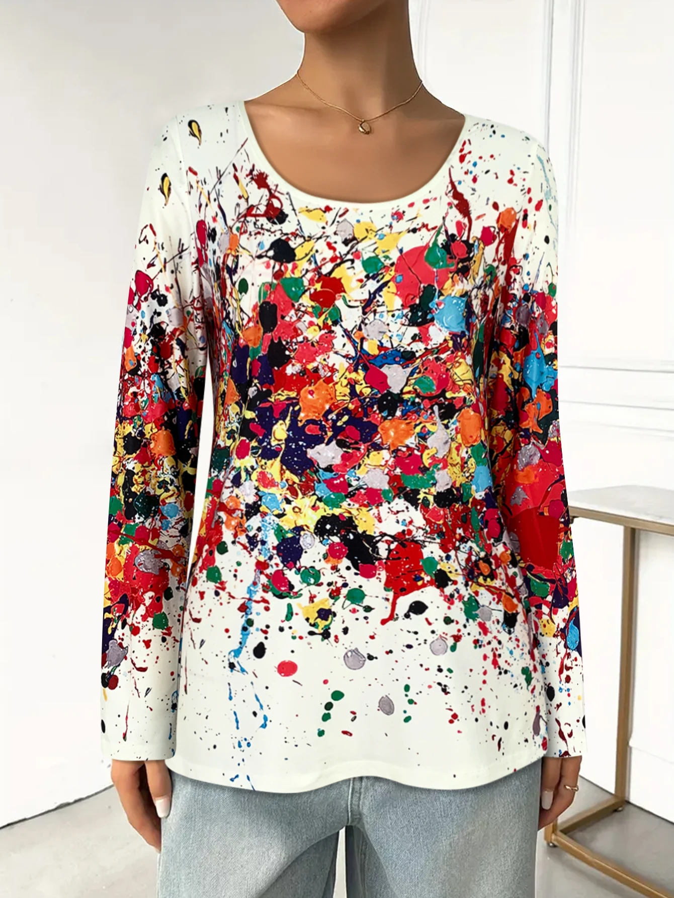 Women's Splatter Print Long - Sleeve T - Shirt, Round Neck, Multicolor Design, Great for Everyday & Fashion - forward Looks