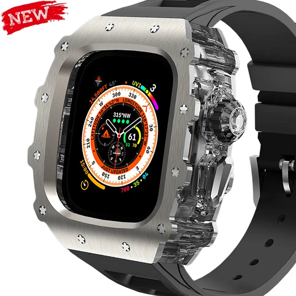 

Роскошный комплект модификации титанового корпуса для Apple Watch Ultra 2 49 мм 45 мм 44 мм, металлический силиконовый ремешок для IWatch 9 8 7 6 SE 5 4