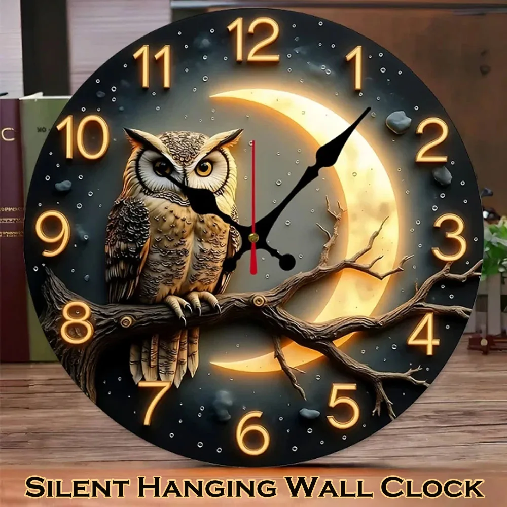 Acrylic Wall Clock Round Owl Moon Clock Owl Wall Clock Decorative For Bedroom Study Meditation Room