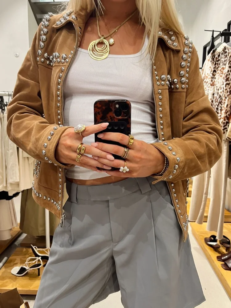 

Women Lapel Leather Short Jacket Casual Full Sleeve Zipper Pocket Loose Outerwears Fashion 2025 Autumn New Vacation Street Coats