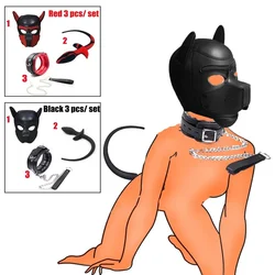 Bdsm Bondage Pet Roleplay Set Cosplay Dog Hood Mask Party Pup Mask Tail Plug Neck Collar with Leash Sex Toys Erotic Slave Game