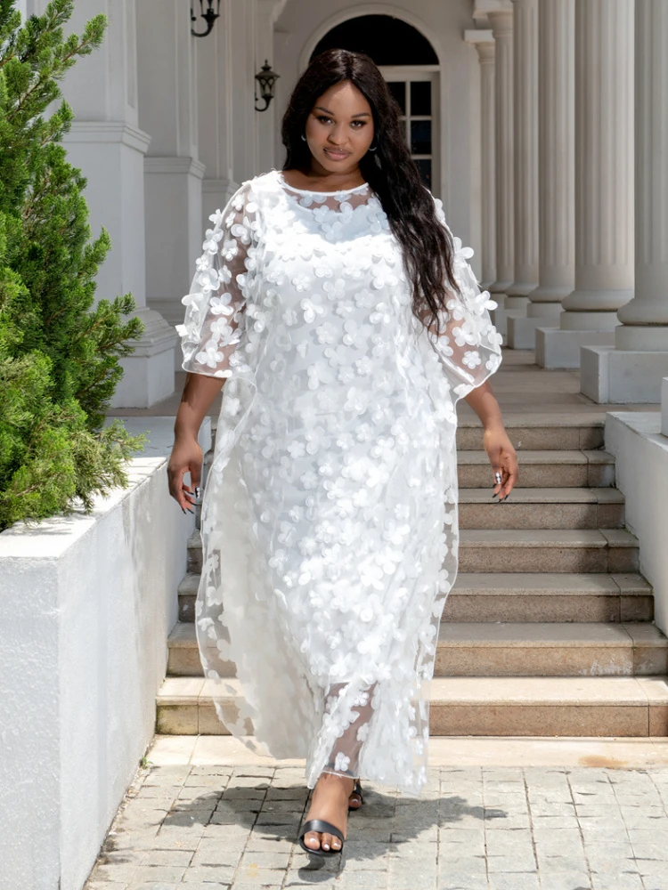 Women's Romantic Long Dress Floral Appliques Oversized Loose Gowns Elegant Lady Party Evevning Birthday Big Size Clothes