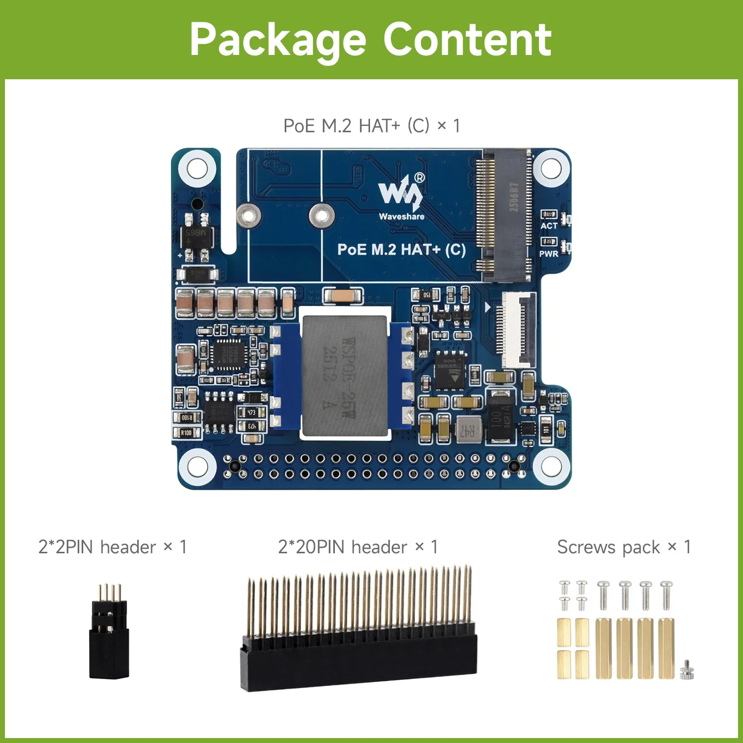 Waveshare PCIe To M.2 Adapter With PoE Function (C) For Raspberry Pi 5, Adapter For NVMe Protocol M.2 Solid State Drive