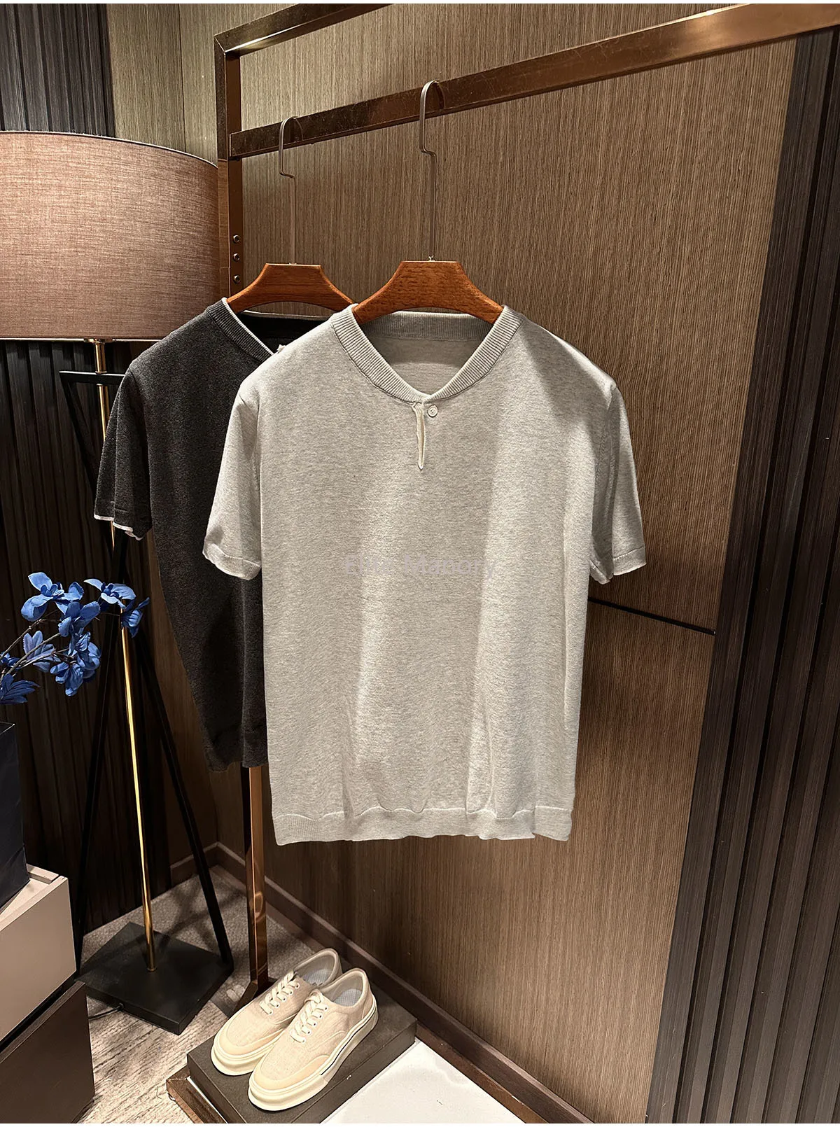 [Single buckle Henry collar 100% cotton] 2026 summer men's high-end simple and versatile cotton knitted short-sleeved T-shirt