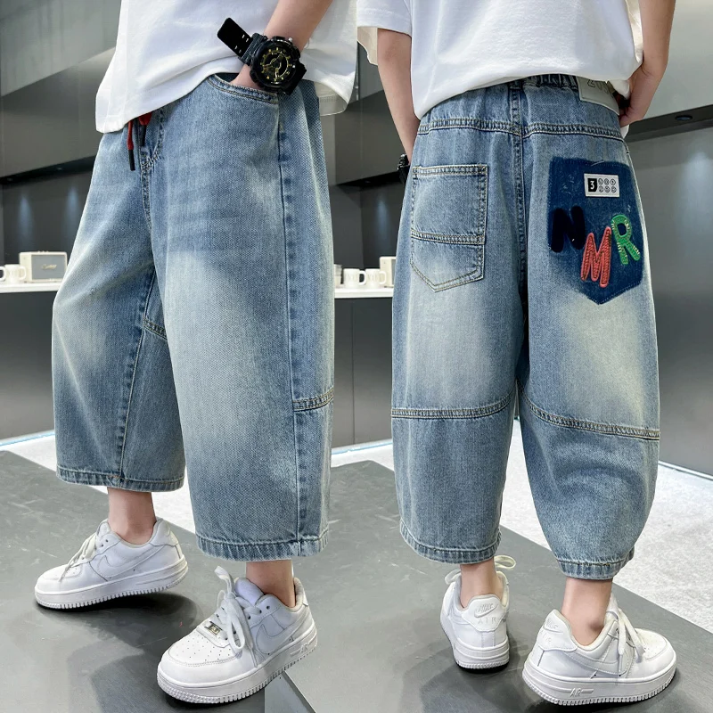 Kids Summer Wide Leg Ankle Jeans for Tween Boys Fashion Casual Loose Denim Pants Teens Child Baggy Jeans Trousers 5 7 9 11 13 14