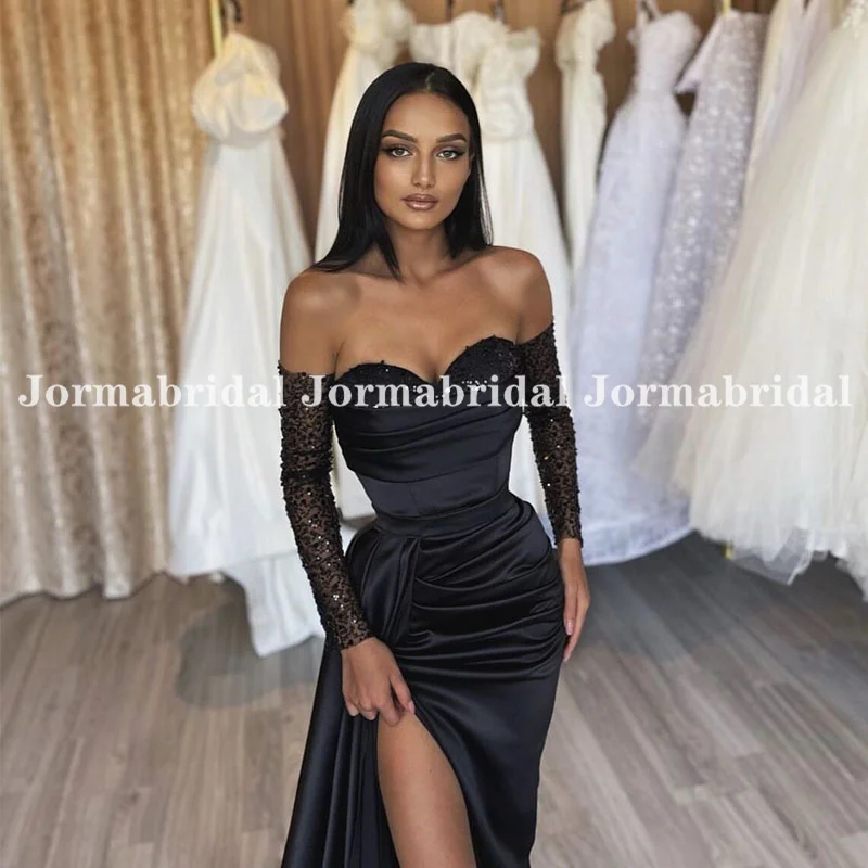 Schwarz funkelnde lange Ärmel Ballkleid von der Schulter sexy hoch geteilte Abendkleider langes Band geraffte Satin formelle Party kleid