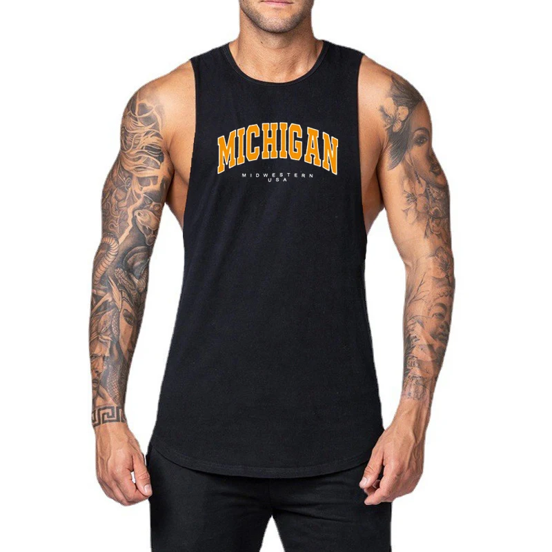 

Michigan Midwestern USA Gym Fitness Tank Tops Cotton Breathable Sleeveless Muscle Shirts Mens Bodybuilding Sport Loose Singlets