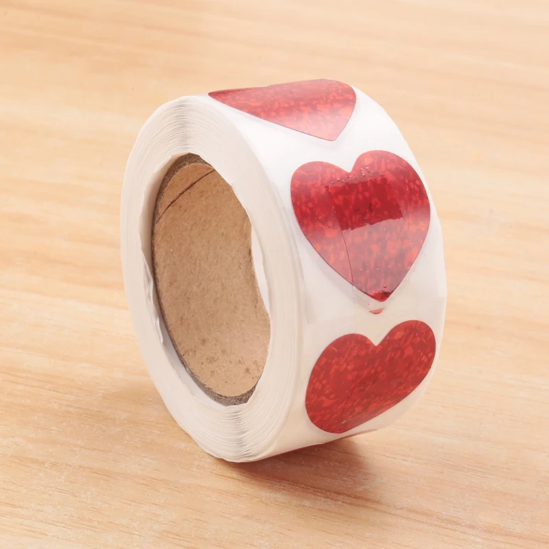 Valentine's Day Glitter Heart Stickers,Red Heart Stickers Roll,Heart Labels For Anniversaries Wedding(500Pcs/Roll)