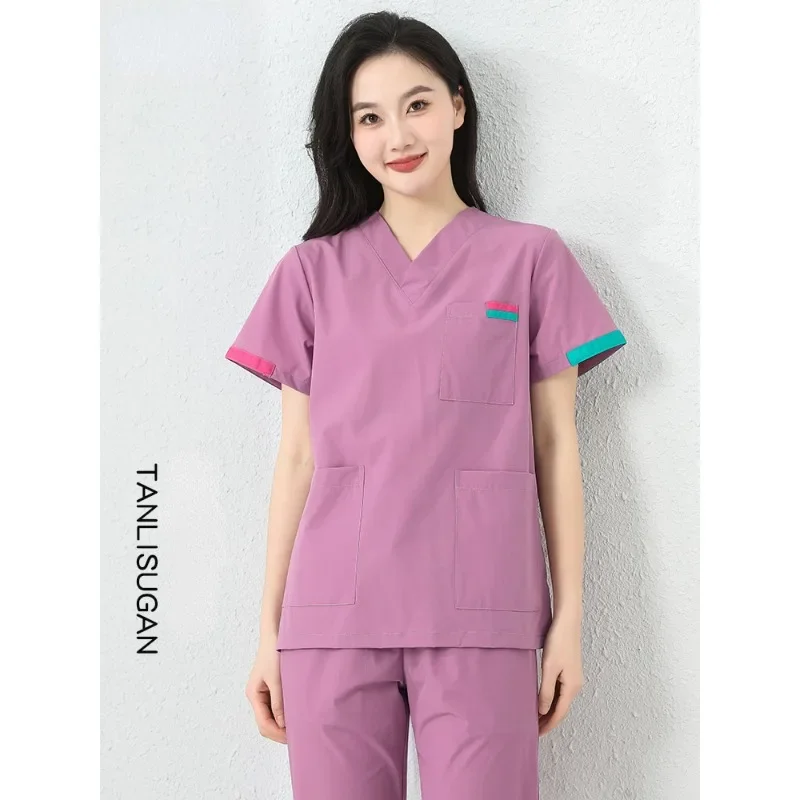 Stretching Scrub Set Women Medical Uniform Plug Size Nursing Clothes Short Sleeve Scrub Top High Quality Scrub Trousers Workwear