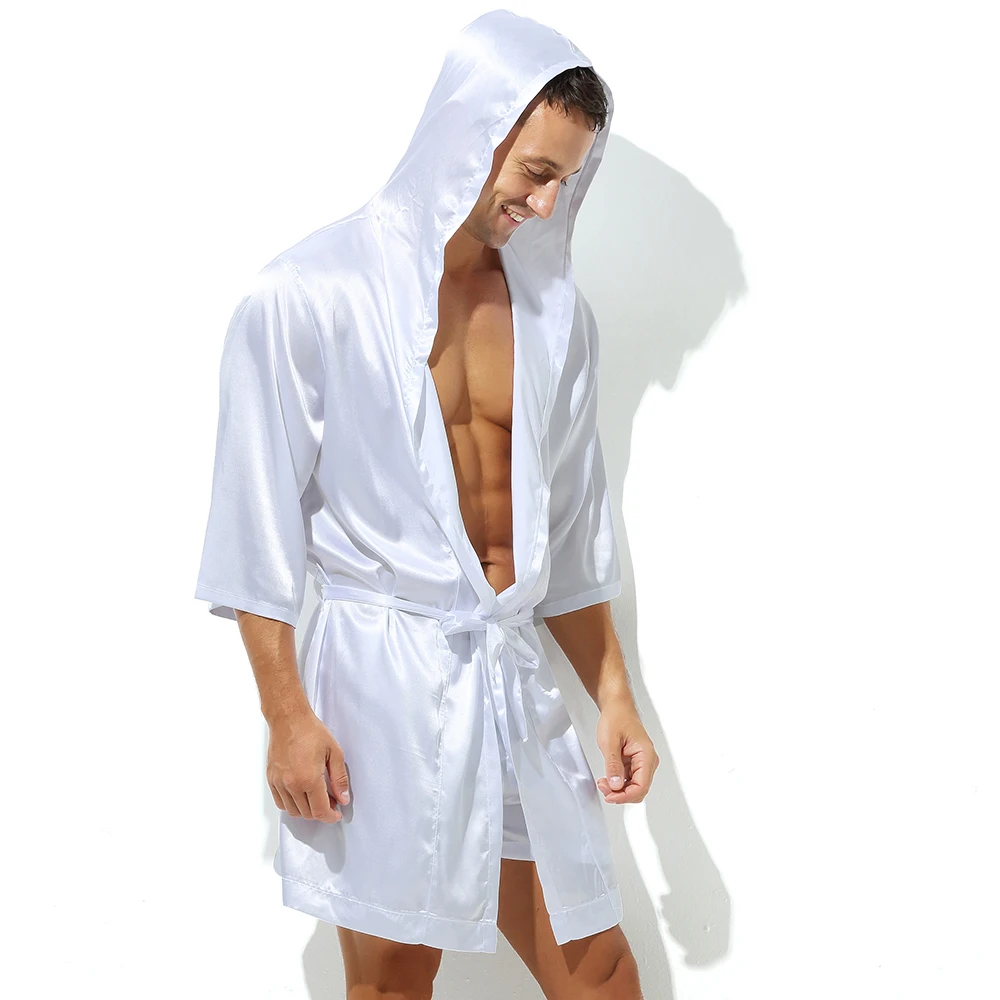 Hooded Bathrobe Men Shorts Set Pajamas Night Robe Dress Gown Male Silk Satin Nightgown Kimono Bathrobe Sleepwear House Robe Men