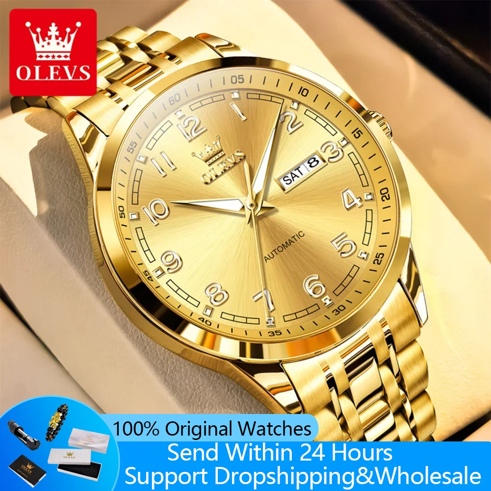 

OLEVS 7077, автоматические часы, мужские оригинальные механические часы для мужчин, модные роскошные стальные ремешки, водонепроницаемые наручные часы с двойным календарем