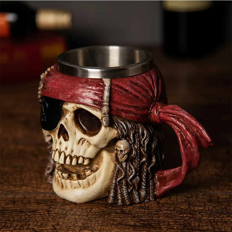 Creative Skull Coffee Mug Retro Resin Halloween Stainless Steel Beer Cup Viking Tea Cup for Office Home Bar Drinkware Tool Gift