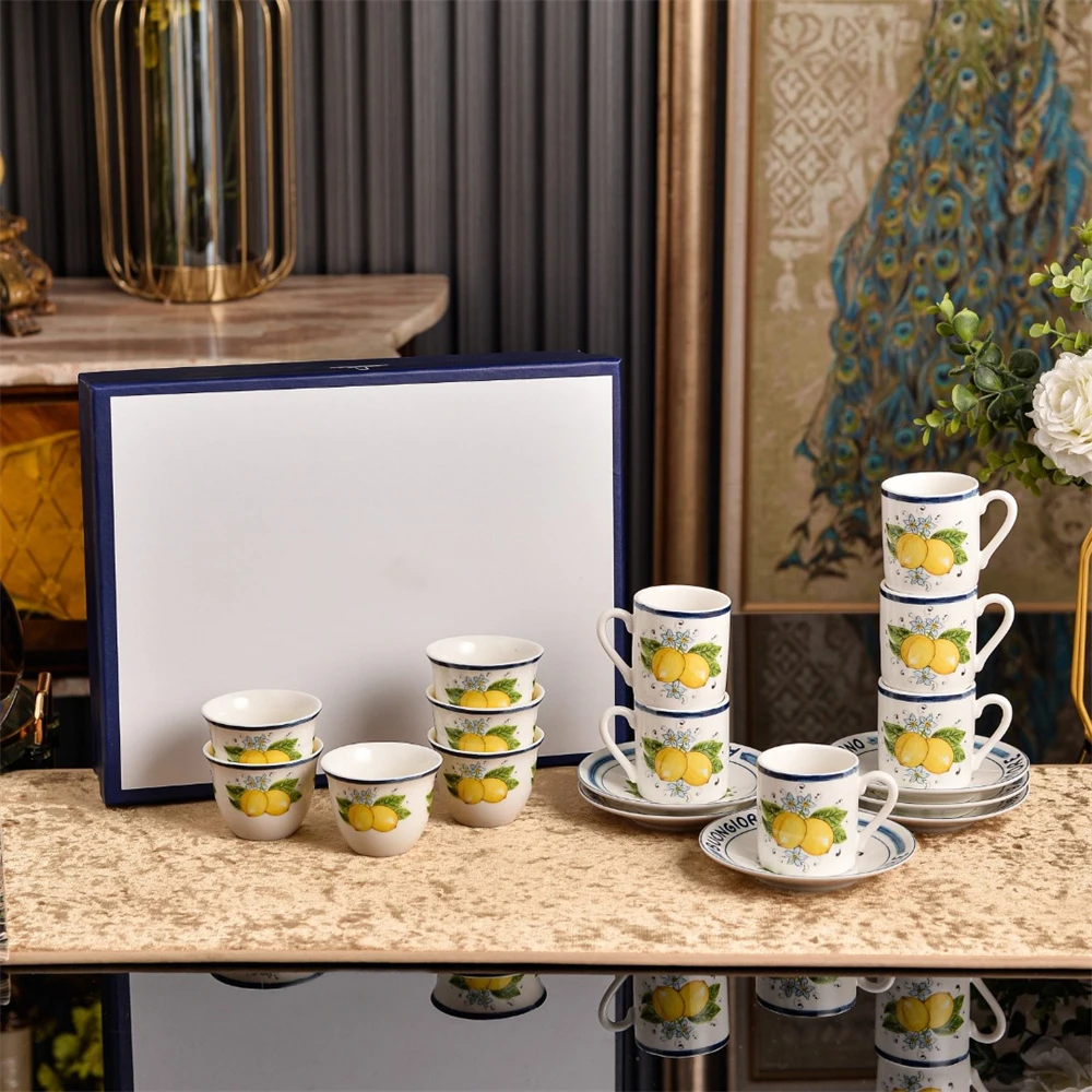 Lemon Pattern Porcelain 6pc Coffee Cup And Saucer Set 70ml Espresso Cup Afternoon Tea Cup Gift Box for Home Table Decor