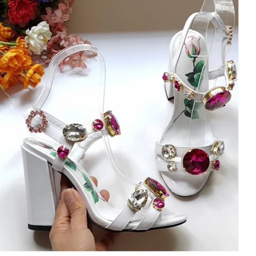 

Crystal Rhinestone Thick Heel Sandals for Women Rose Floral Print Ankle Strap Open Toe Party Wedding High Heels