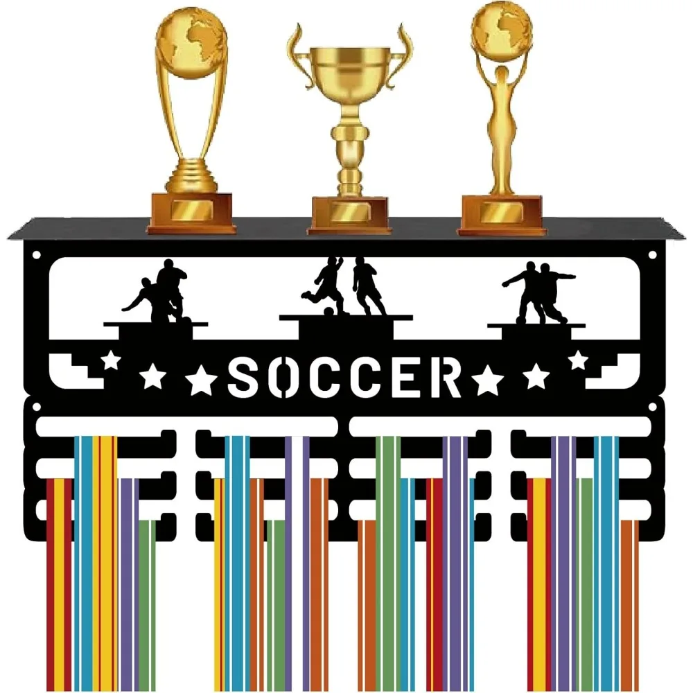

Soccer Medal Hanger Display Trophy Shelf Football Medal Holder with Shelf Stand Sports 4 Rows Metal Hanging Wall Mount