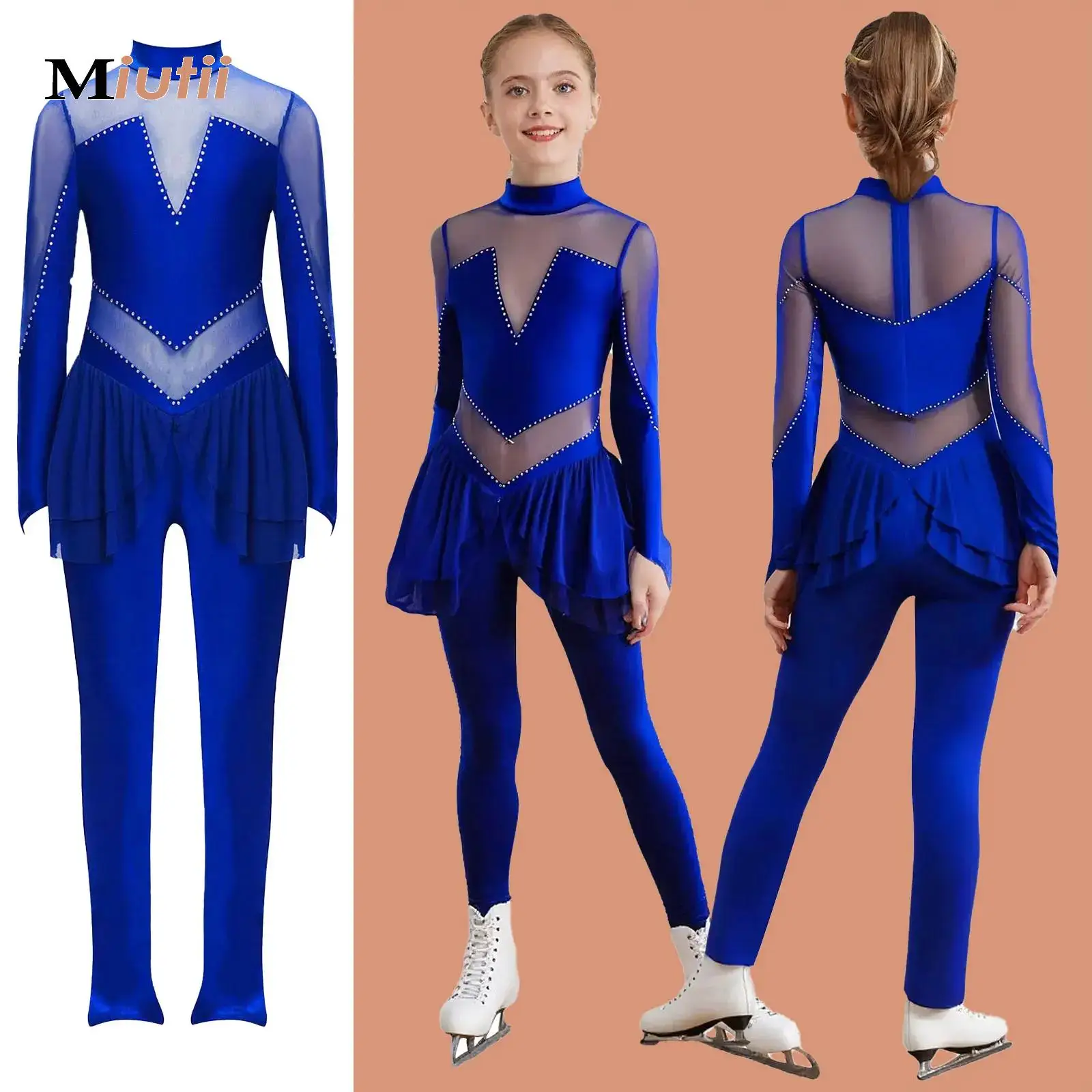 

Rhythmic Gymnastics Jumpsuit Figure Skating Performance Costume for Kids Girls Long Sleeve Sheer Mesh Ballet Lyrical Dancewear