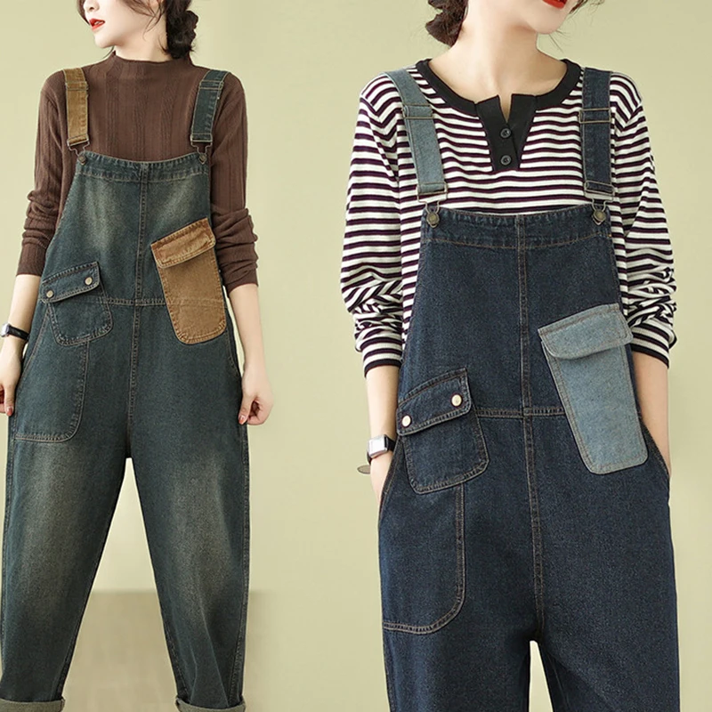 Vintage Color Matching Denim Overalls Fashion Loose Pocket Suspender Trousers Casual All-matched Spring Autumn Jean Jumpsuits