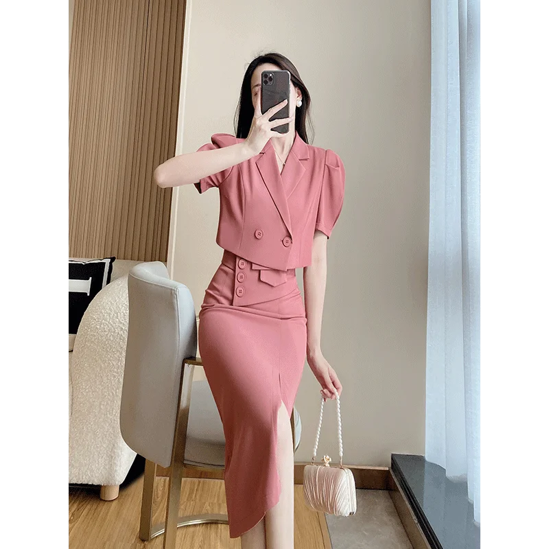 Light Mature Style Outfits 2023 Summer New High Grade Fashion Style Blazers Coat High Waist Half Skirt Two Piece Set For Women