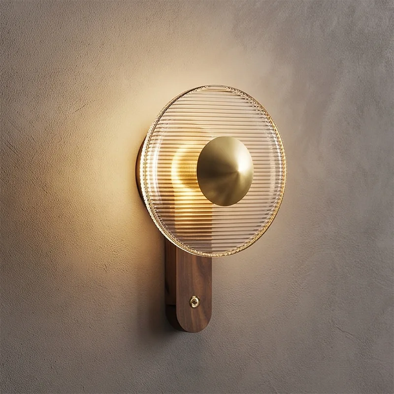 European Style New Retro LED Walnut Glass Wall Lamp Hotel Bedroom Bedside Lamp Living Room Study Decoration Lighting Fixture