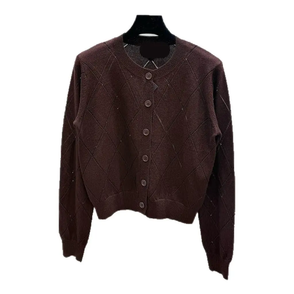 Fashionable Coffee Color Diamond Pattern Back  Label Splicing Circle Autumn Winter New Arrival in Warehouse Sweater