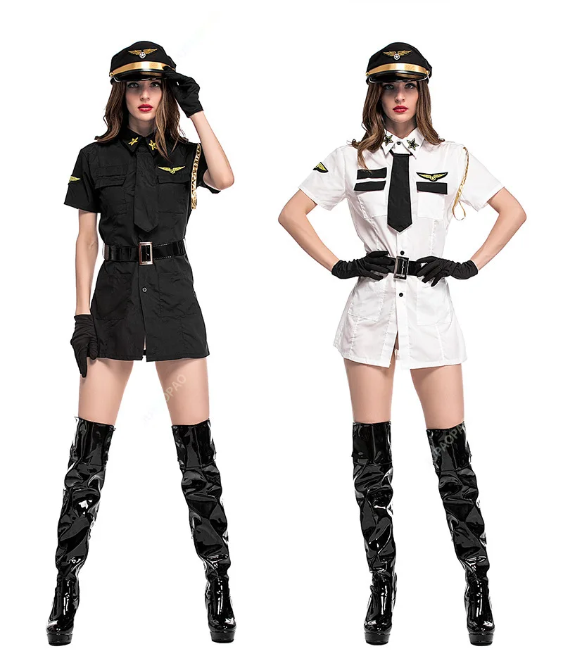 Uniforme de piloto sexy para mulheres, aeromoça preto e branco, terno cosplay, baile de carnaval, vestido de boate, uniforme extravagante